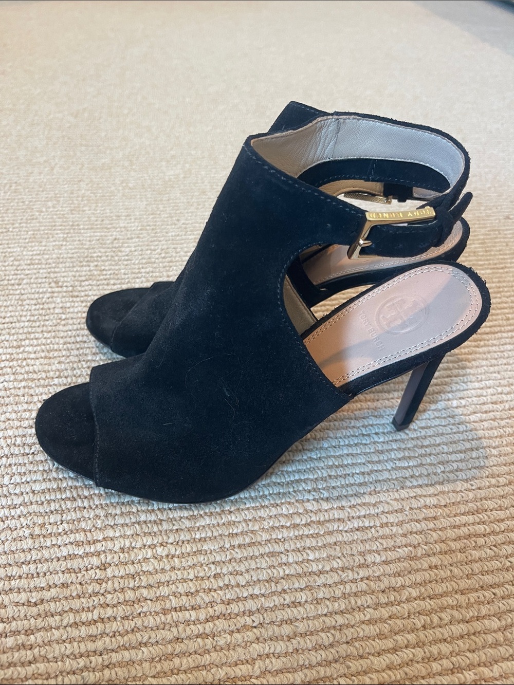 Tory Burch Black Suede Open-Toe Sandals with Ankle Buckle